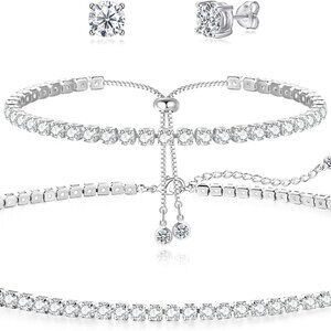 Sterling Silver Tennis Necklace Bracelet Set Dainty Sparkly Jewelry for Women